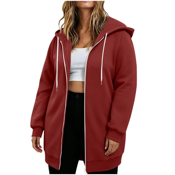 QQZ Mid Length Full Zip Up Hooded Cardigan, Womens Plus Size Tops 2026 Fall Winter Womens Long Zip Up Hoodies Zipper Sweatshirt Fleece Jacket Women Daily Wear Business Work Outfits