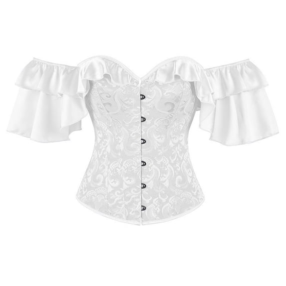 QQZ Off Shoulder Satin Ruffle Sleeve Jacquard Corset Top For Women, Tummy Control Shapewear Women Corset For Gothic Party Halloween Cosplay Outfit