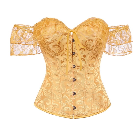 QQZ Off Shoulder Short Sleeve Lace Corset Top For Women, Jacquard Tummy Control Shapewear Women Lace Corset For Halloween Cosplay Party Outfit