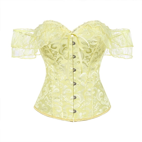 QQZ Off Shoulder Short Sleeve Lace Corset Top For Women, Jacquard Tummy Control Shapewear Women Lace Corset For Halloween Cosplay Party Outfit