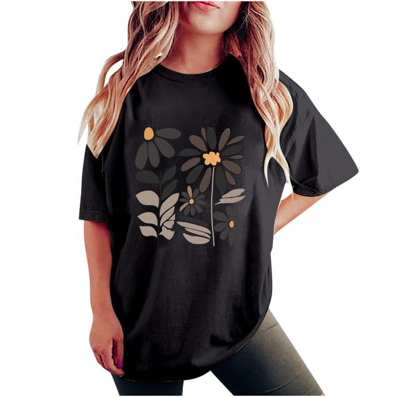 QQZ Oversized Tshirts for Women Flower Graphic Tees Summer Crew Neck Short Sleeve Loose Fit Multicolor Multiple Sizes Available Tops 2026