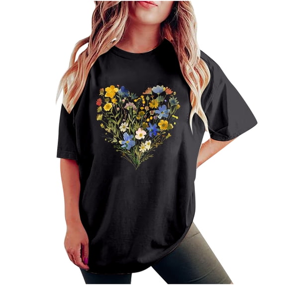 QQZ Oversized Tshirts for Women Flower Graphic Tees Summer Crew Neck Short Sleeve Loose Fit Multicolor Multiple Sizes Available Tops 2026