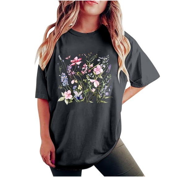 QQZ Oversized Tshirts for Women Flower Graphic Tees Summer Crew Neck Short Sleeve Loose Fit Multicolor Multiple Sizes Available Tops 2026