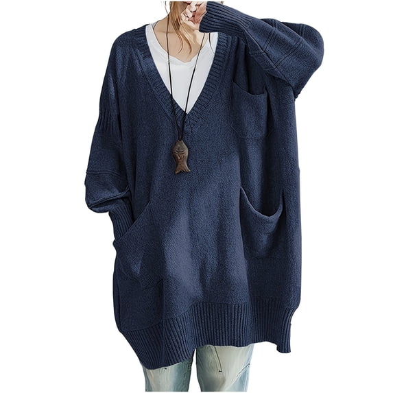 QQZ Oversized V Neck Long Tunic Knit Sweater With Pockets, Womens Plus Size Tops 2026 Fall Winter Casual Blouses Office Tops Daily Wear Business Work Outfits