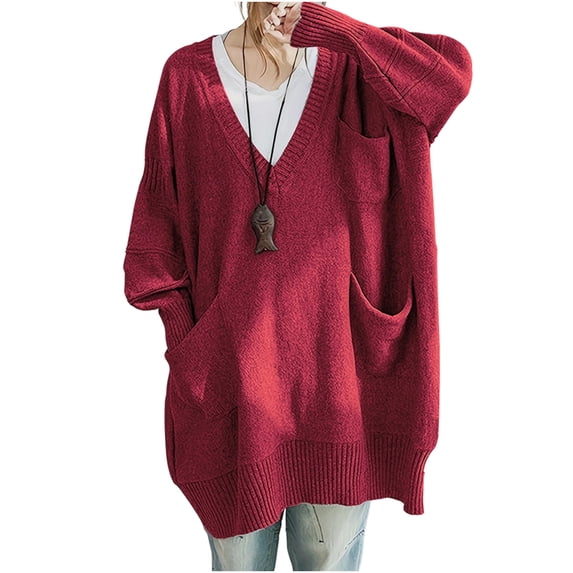 QQZ Oversized V Neck Long Tunic Knit Sweater With Pockets, Womens Plus Size Tops 2026 Fall Winter Casual Blouses Office Tops Daily Wear Business Work Outfits