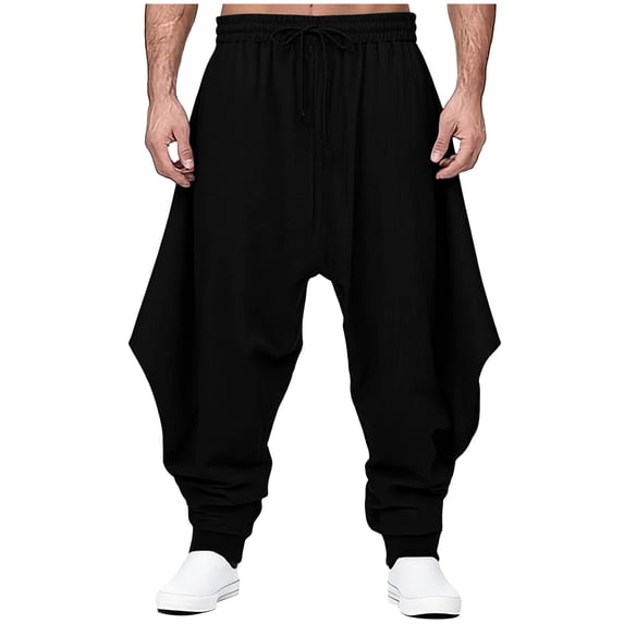 QQZ Palazzo Harem Joggers Pants For Men, Elastic Waist Pants For Men, Flowy Loose‑Fit Cotton Linen Long Trousers, For Yoga, Beach, Lounge And Daily Wear