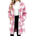 thumbnail image 1 of QQZ Plaid Fuzzy Fleece Hooded Coat For Women, Mid Length Button Front Long Sleeve Jacket, Womens Warm Casual Outerwear With Big Pockets For Fall Winter Home And Daily Wear, 1 of 5