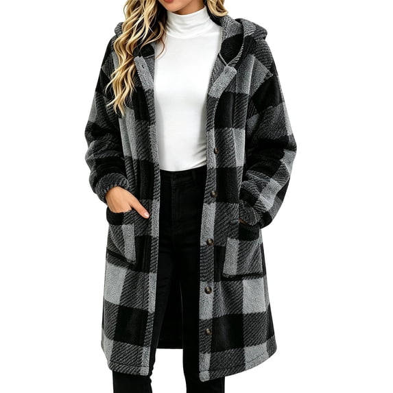 QQZ Plaid Fuzzy Fleece Hooded Coat For Women, Mid Length Button Front Long Sleeve Jacket, Womens Warm Casual Outerwear With Big Pockets For Fall Winter Home And Daily Wear