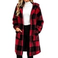 thumbnail image 1 of QQZ Plaid Fuzzy Fleece Hooded Coat For Women, Mid Length Button Front Long Sleeve Jacket, Womens Warm Casual Outerwear With Big Pockets For Fall Winter Home And Daily Wear, 1 of 5