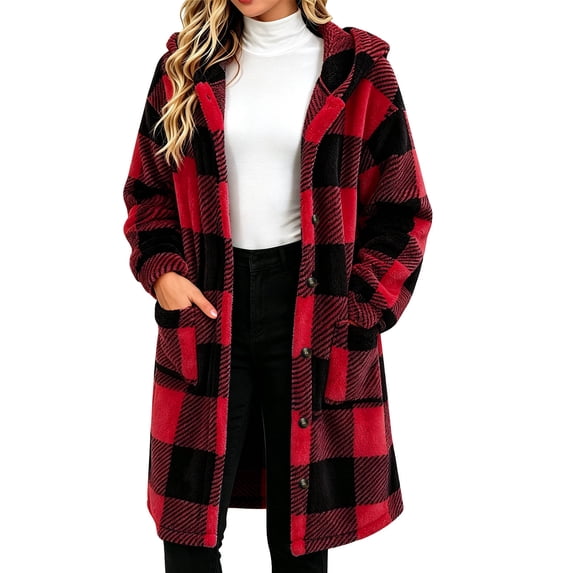 QQZ Plaid Fuzzy Fleece Hooded Coat For Women, Mid Length Button Front Long Sleeve Jacket, Womens Warm Casual Outerwear With Big Pockets For Fall Winter Home And Daily Wear