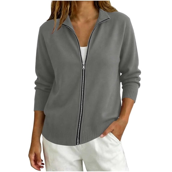QQZ Regular Fit Stand Collar Zip Up Cardigan For Women, Long Sleeve Knit Cardigan Sweaters For Women, Lightweight Fall Outfits For Travel Business Casual Daily Wear