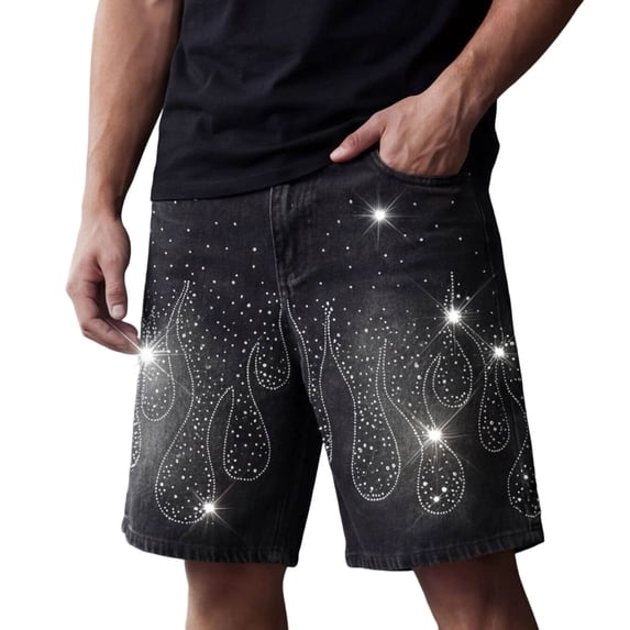 QQZ Relaxed Fit Denim Shorts Men, Rhinestone Flame Pattern Knee Length Jean Shorts for Hip Hop Party, Street Wear and Casual Outings