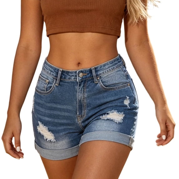 QQZ Relaxed Fit Denim Shorts Women, High Waist Distressed Ripped Cuffed Hem Womens Denim Shorts for Street Walk, Shopping and Vacation