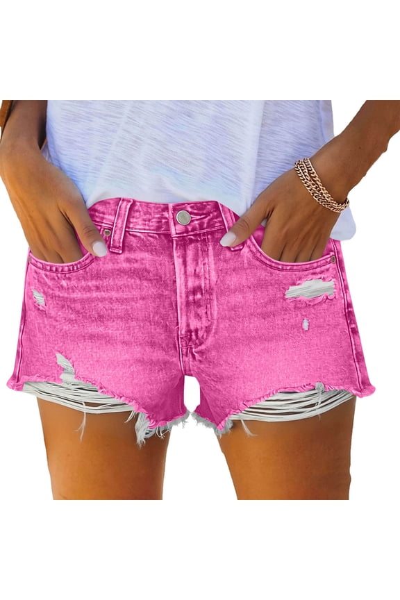 Relaxed Fit Womens High Waist Distressed Denim Shorts, Button Zip Fly Raw Frayed Hem Ripped Denim Shorts Suitable For Summer Street Outfits, Beach Trips And Back To School Activities