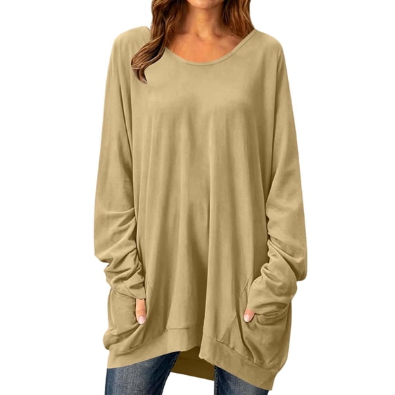 QQZ Round Neck Long Tunic Long Sleeve Shirt, Womens Plus Size Tops 2026 Fall Winter Casual Blouses Workout Tops Office Tops Daily Wear Business Work Outfits