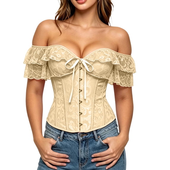 QQZ Off Shoulder Ruffle Corset Top For Women, Tummy Control Shapewear Women, Vintage Plus Size Lace Corset Top For Streetwear, Daily Outfits, Club & Party