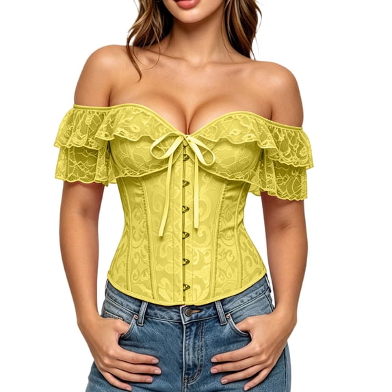 QQZ Off Shoulder Ruffle Corset Top For Women, Tummy Control Shapewear Women, Vintage Plus Size Lace Corset Top For Streetwear, Daily Outfits, Club & Party