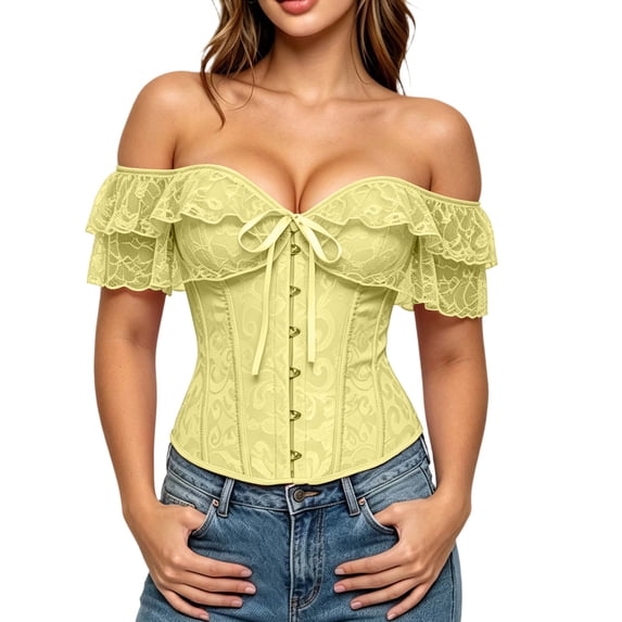 QQZ Off Shoulder Ruffle Corset Top For Women, Tummy Control Shapewear Women, Vintage Plus Size Lace Corset Top For Streetwear, Daily Outfits, Club & Party