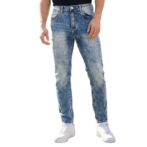 QQZ Slim Straight Jeans Men, Acid Wash Faded Denim Pants for Street Walk, Daily Shopping and Casual Outdoor Activities