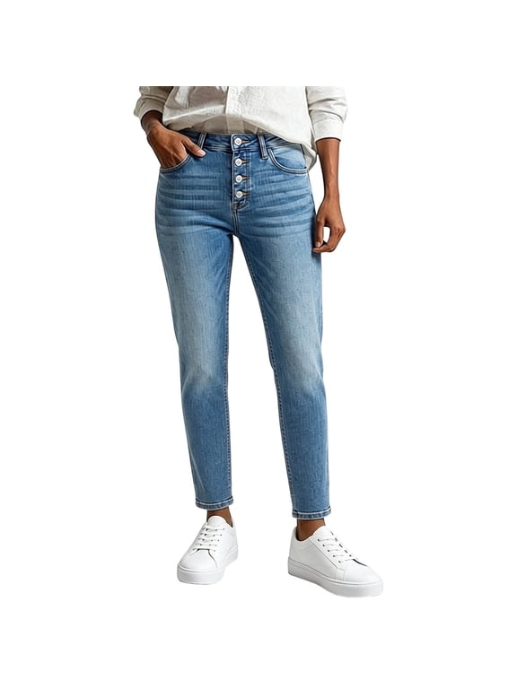 Slim Straight Womens High Waist Multi Button Ankle Length Denim Jeans, Zip Fly Cropped Tapered Denim Pants Suitable For City Street Outings, Office Commute And Back To School Wear