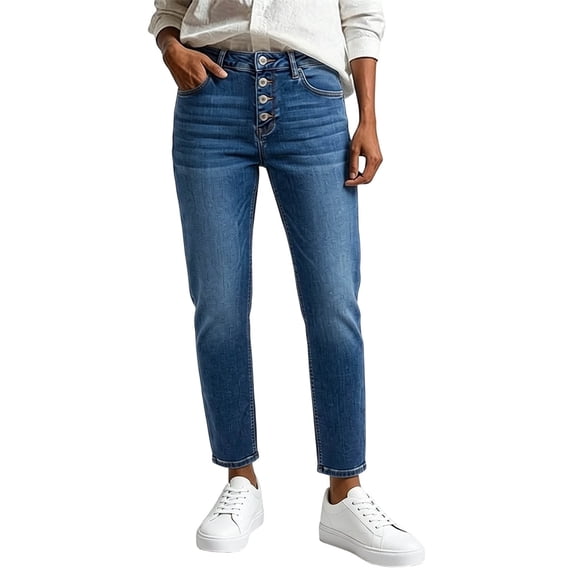 QQZ Slim Straight Womens High Waist Multi Button Ankle Length Denim Jeans, Zip Fly Cropped Tapered Denim Pants Suitable For City Street Outings, Office Commute And Back To School Wear