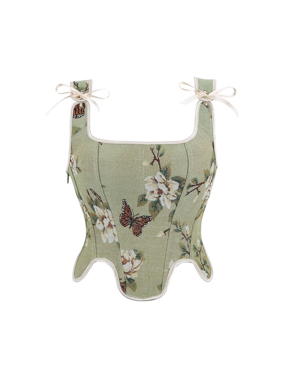 Square Neck Bow Strap Floral Butterfly Tapestry Corset Top For Women, Tummy Control Shapewear Women, Plus Size Corset Top For Cosplay, Renaissance Activities And Themed Parties