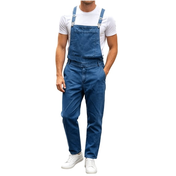 QQZ Straight‑Leg Denim Overalls for Men, Adjustable Shoulder Straps Elastic Waist Bib Pants With Pockets, For Work & Daily Wear