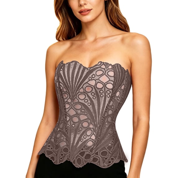 QQZ Strapless Hollow Lace Corset Top For Women, Scalloped Hem Boned Bustier, Tummy Control Waist Trainer Shapewear For Wedding Cosplay Club Party