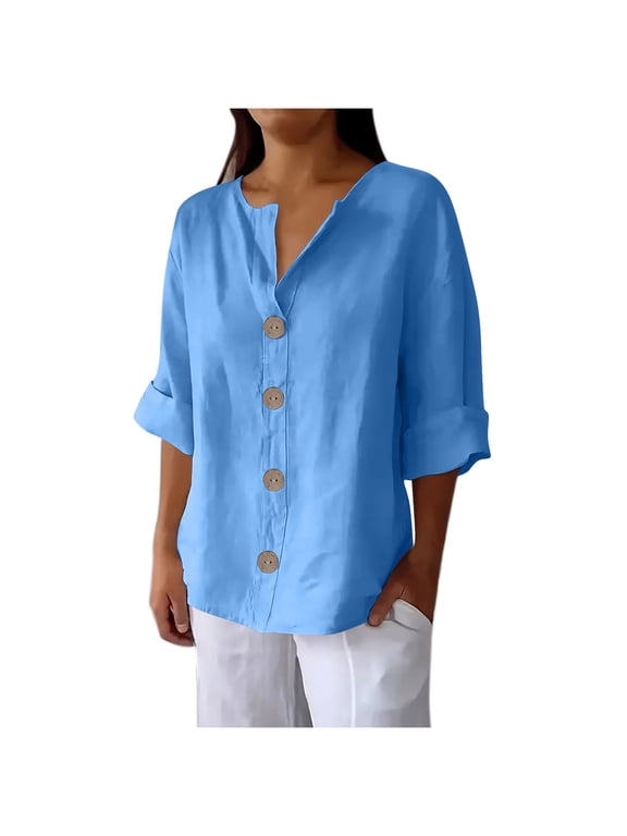 Summer Tops for Women Button Down V Neck 3/4 Sleeve Casual Loose Flowy Boho Travel Vacation Beach Blouse Blue 4XL