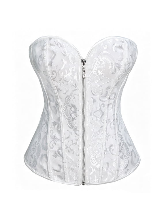 Sweetheart Strapless Jacquard Corset Top For Women, Front Zipper Tummy Control Waist Trainer, Boned Bustier Shapewear For Wedding Party Cosplay
