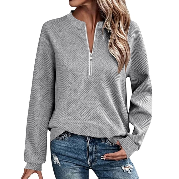 QQZ Textured 1/4 Zipper Sweatshirt for Women, Stand Collar Long Sleeve Pullover, Comfort Hoodies for Women Without Hood