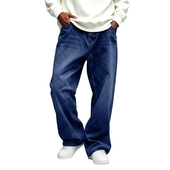 QQZ Wide‑Leg Baggy Jeans for Men, High‑Waisted Trendy Casual Dark‑Blue‑Wash Mens Wide‑Leg Denim Pants for All‑Season Daily Party and Street Wear