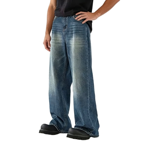 QQZ Wide Leg Baggy Mens Washed Denim Jeans, Mid Rise Loose Straight Denim Pants Suitable For Street Style, Daily Outings And Casual Hangouts