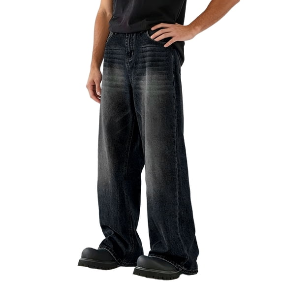 QQZ Wide Leg Baggy Mens Washed Denim Jeans, Mid Rise Loose Straight Denim Pants Suitable For Street Style, Daily Outings And Casual Hangouts