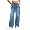 thumbnail image 1 of QQZ Wide Leg Loose Jeans For Women, Drawstring Elastic High Waist Denim Pants, Large Patch Pockets Full‑Length Trendy Jeans For Home Office Travel Daily Casual Wear, 1 of 6