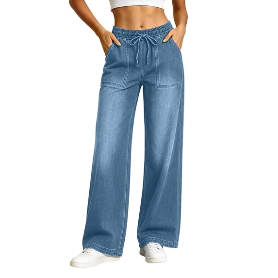 QQZ Wide Leg Loose Jeans For Women, Drawstring Elastic High Waist Denim Pants, Large Patch Pockets Full‑Length Trendy Jeans For Home Office Travel Daily Casual Wear