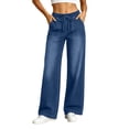 thumbnail image 1 of QQZ Wide Leg Loose Jeans For Women, Drawstring Elastic High Waist Denim Pants, Large Patch Pockets Full‑Length Trendy Jeans For Home Office Travel Daily Casual Wear, 1 of 6
