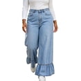 thumbnail image 1 of QQZ Wide Leg Ruffle Hem Jeans For Women, Plus‑Size Button‑Zip Denim Pants, Classic Pocket Loose Trousers, Trendy Relaxed Fit Jeans For Home Office Casual Weekend Activities, 1 of 7