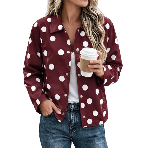 Rivete Button QQZ Women Oversized Polka Dot Printed Lapel Jacket, Long Sleeve Snap ...