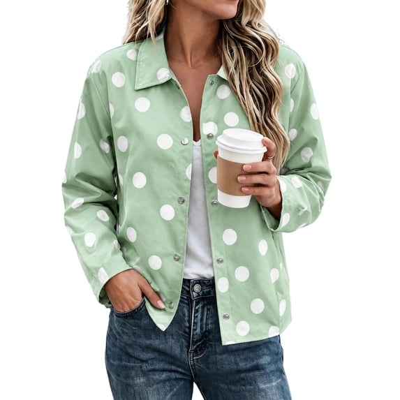 Rivete Button QQZ Women Oversized Polka Dot Printed Lapel Jacket, Long Sleeve Snap ...