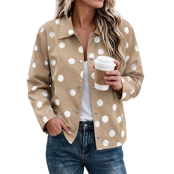 Rivete Button QQZ Women Oversized Polka Dot Printed Lapel Jacket, Long Sleeve Snap ...
