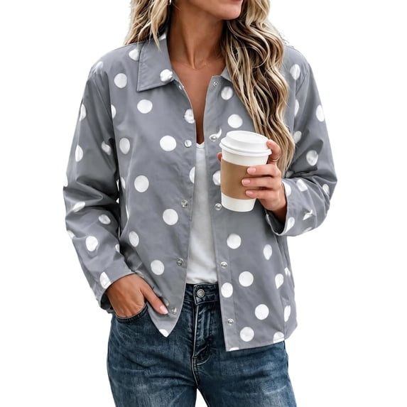 Rivete Button QQZ Women Oversized Polka Dot Printed Lapel Jacket, Long Sleeve Snap ...