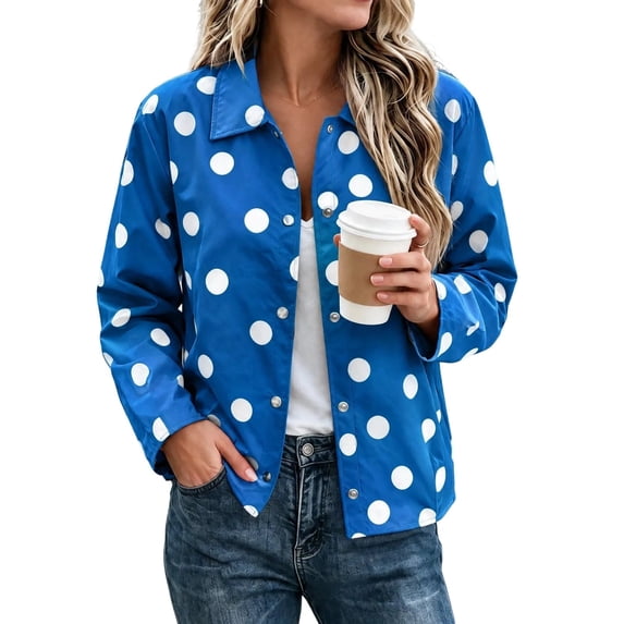 Rivete Button QQZ Women Oversized Polka Dot Printed Lapel Jacket, Long Sleeve Snap ...