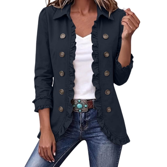 QQZ Women Ruffled Lapel Jacket, Open‑Front Decorative Double‑Breasted 3/4‑Sleeve Lined Fall Fashion Outerwear