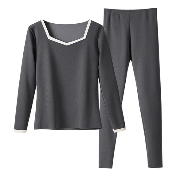 QQZ Women's Contrast Trim V Neck Thermal Long John Set, Cotton Base Layer Top & Leggings, Moisture-Wicking Heat Retention Two-Piece Suit for Cold Weather Skiing Layering Warmth