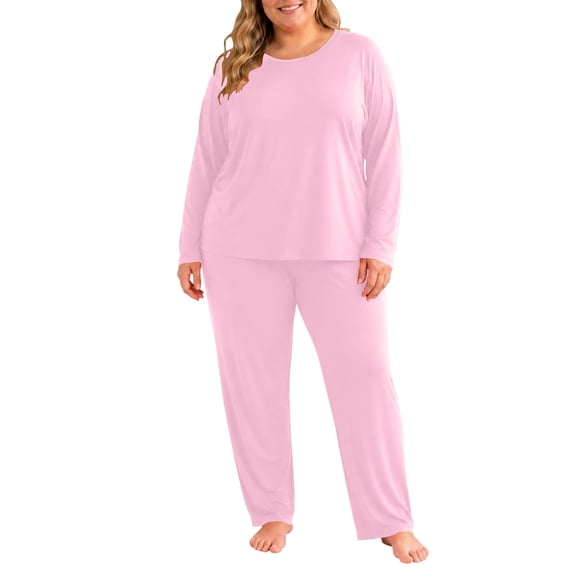 QQZ Women's Plus Size Crew Neck Thermal Long John Set, Relax Fit Lounge Top & Pants, Moisture-Wicking Heat Retention Two-Piece Suit for Cold Weather Indoor Layering Warmth