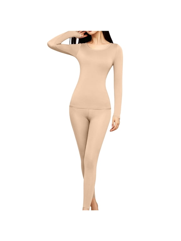 Women's Round Neck Slim Thermal Long John Set, Base Layer Top & Leggings, Moisture-Wicking Heat Retention Two-Piece Suit for Cold Weather Skiing Layering Warmth