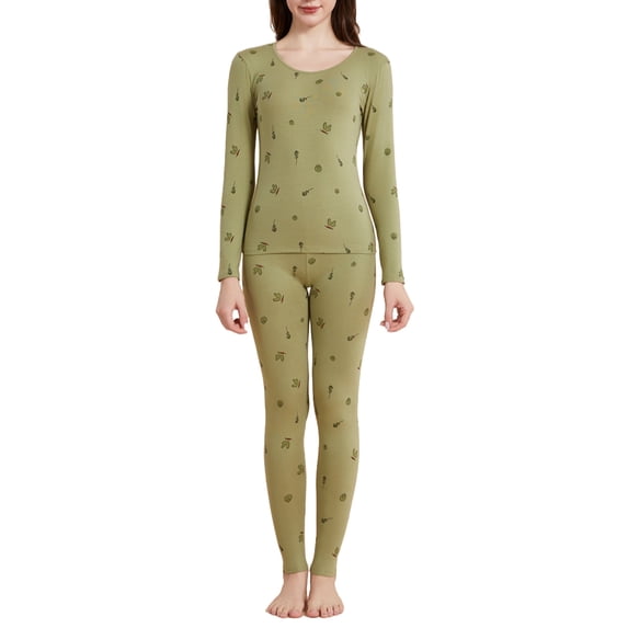 QQZ Women's Thermal Underwear Long John Set, Round Neck Printed Base Layer Top & Leggings, Moisture-Wicking Heat Retention Suit for Cold Weather Skiing Layering Warmth