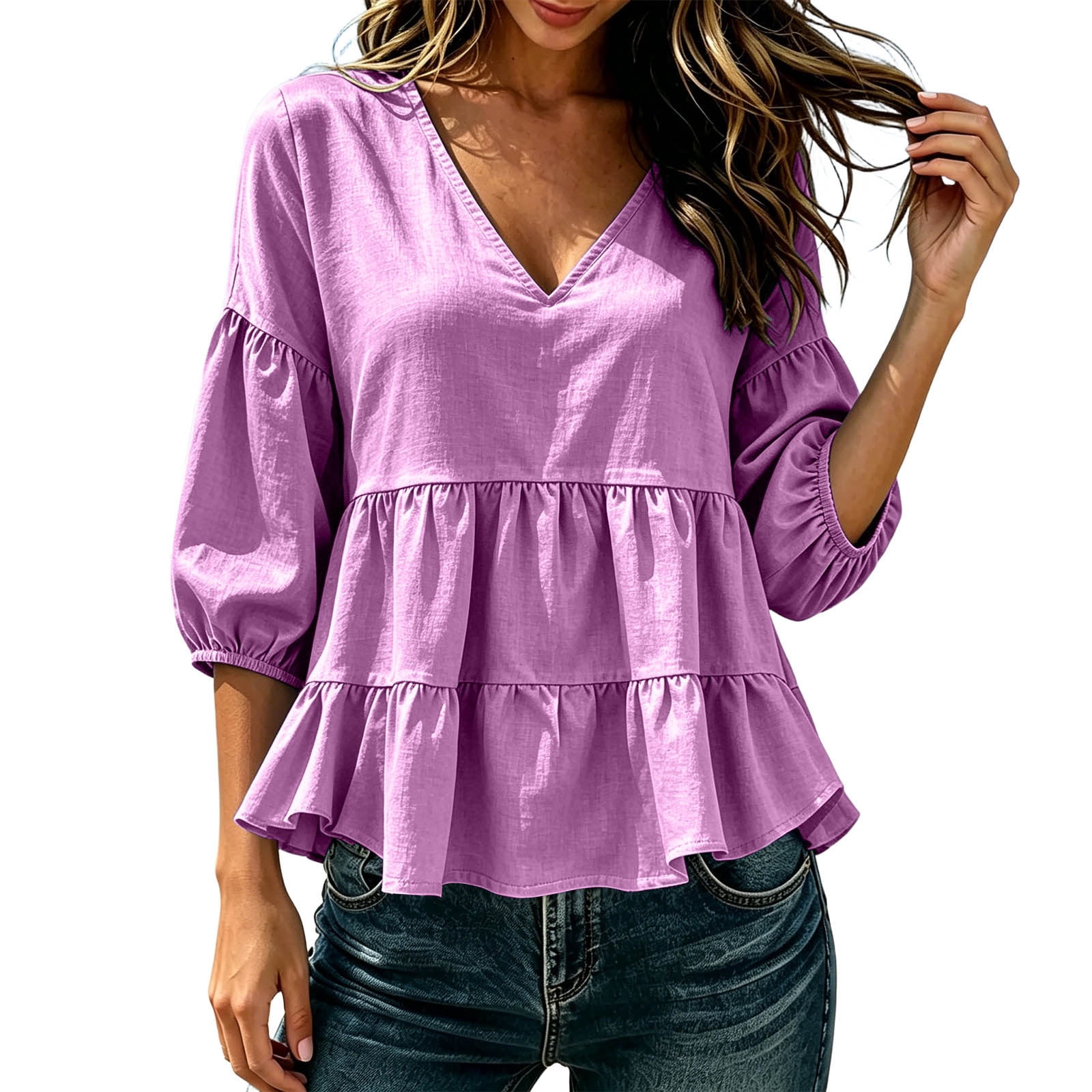 Spring Layered Tops QQZ Womens Blouses 3/4 Length Sleeve Tops V Neck Shirts Casual Tunic ...