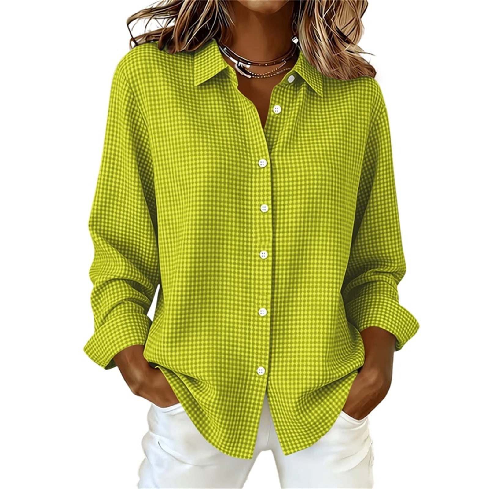 Work With Basic QQZ Womens Button Down Blouse Collared Plaid Long Sleeve Loose Basic ...